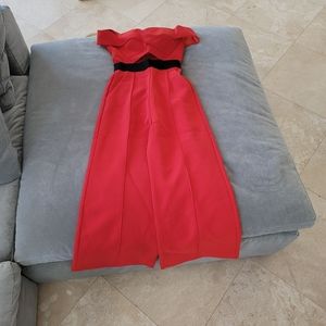Self-Portrait Red Off-Shoulder Jumpsuit with Black Waistband